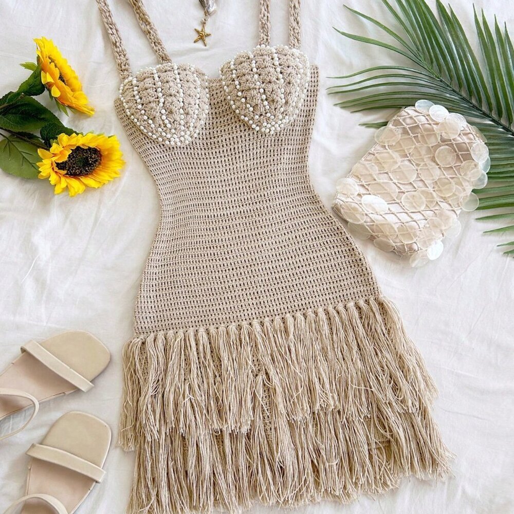 Khaki Boho Women's Sexy Shell Cup Mini Dress